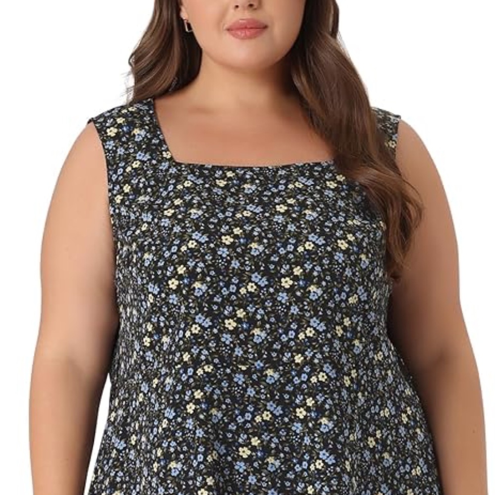 Women's Plus Size Square Neck Lightweight Sleeveless Floral Midi Dress | 1X